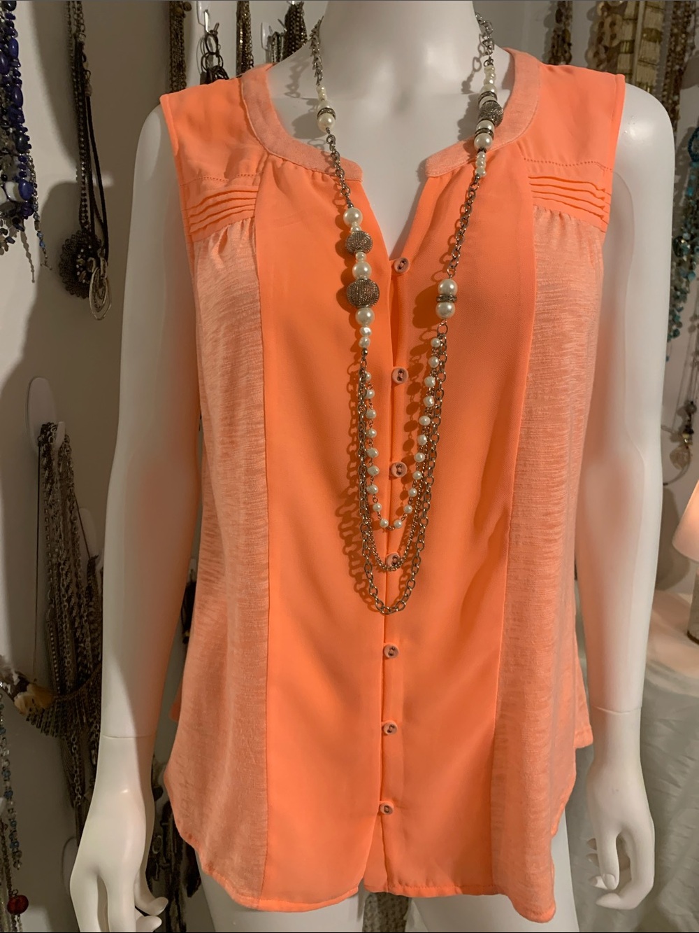 Skies Are Blue Coral Sleeveless Button-Front Blouse with necklace